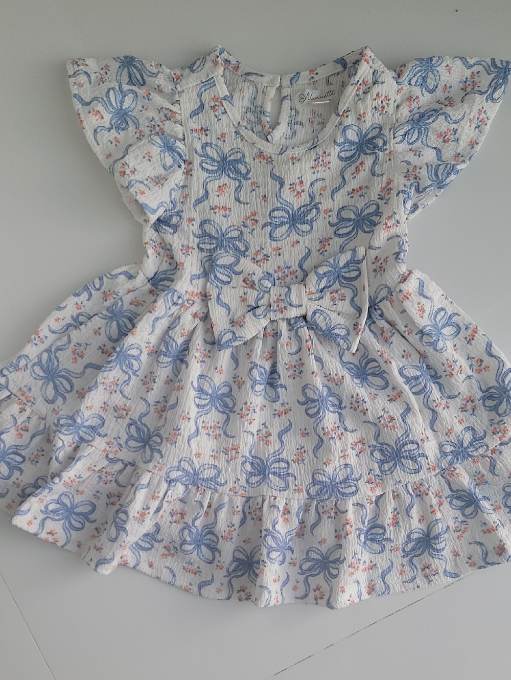 Nannette Tiered White Dress with Blue Bow Floral Print- Flutter Sleeves- cottage